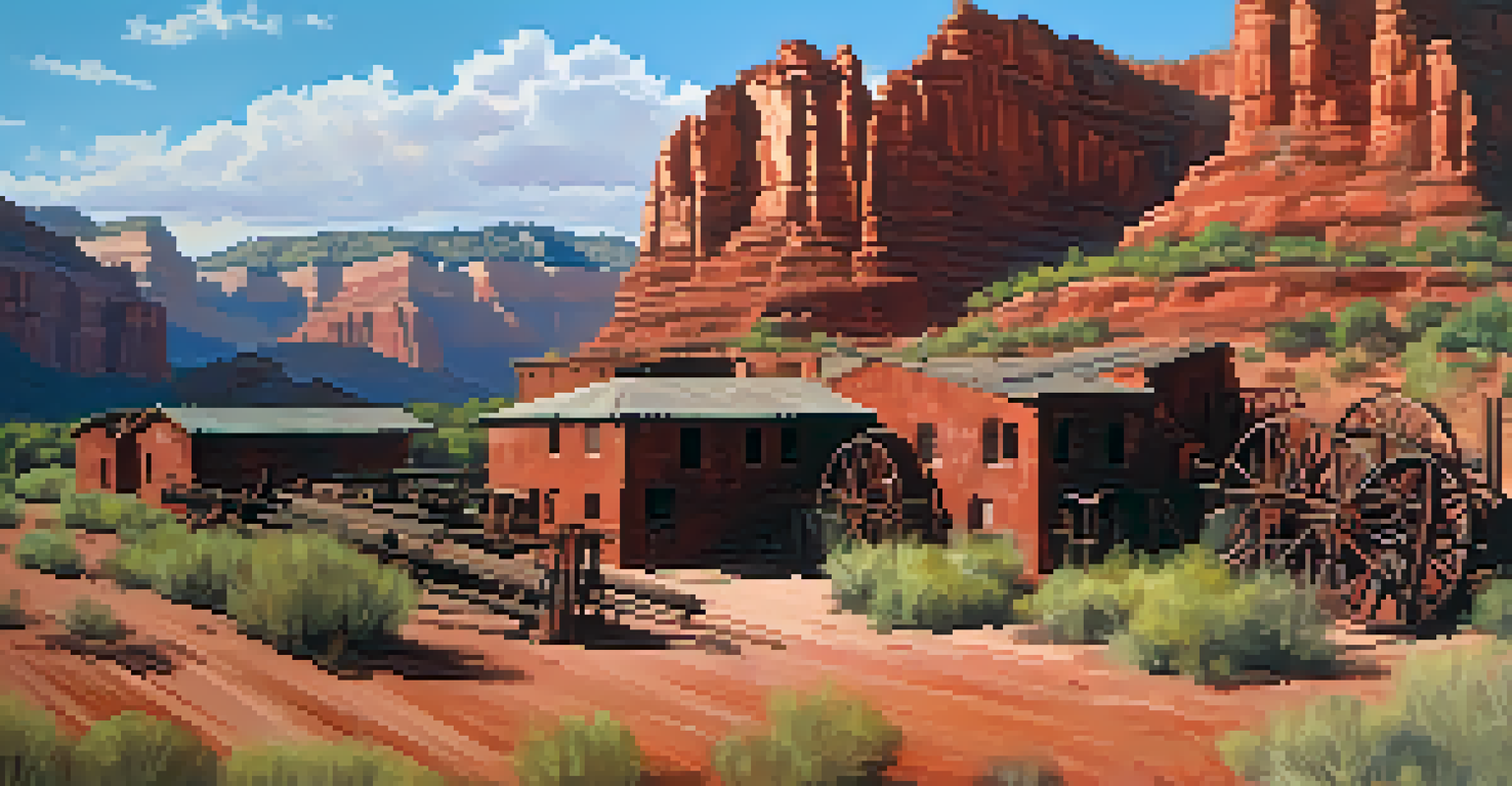 The Old Red Rock Mine featuring remnants of machinery set against vibrant red cliffs with soft afternoon light casting shadows.