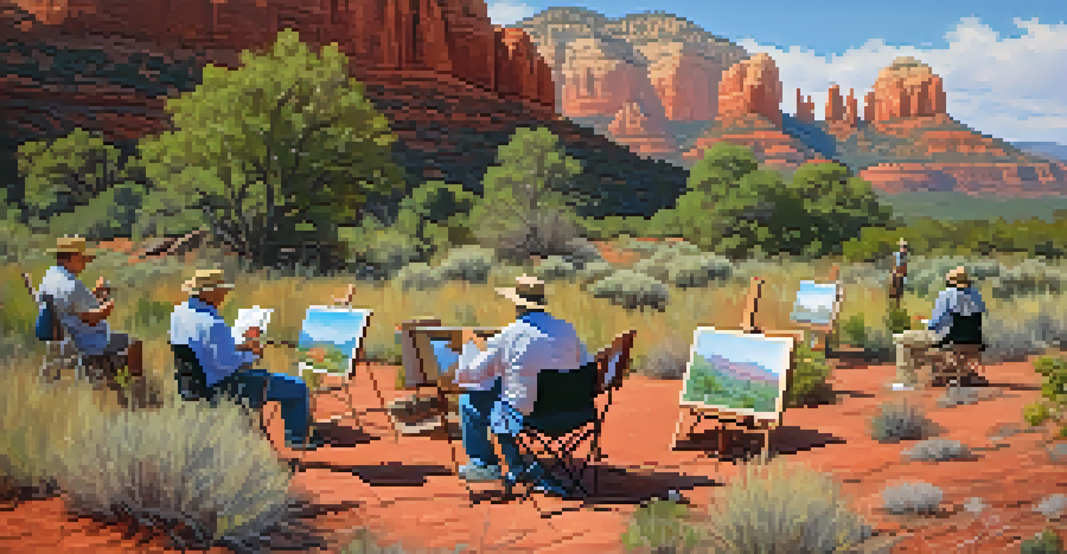 Artists painting outdoors during the Sedona Plein Air Festival, with wildflowers and red rocks surrounding them.
