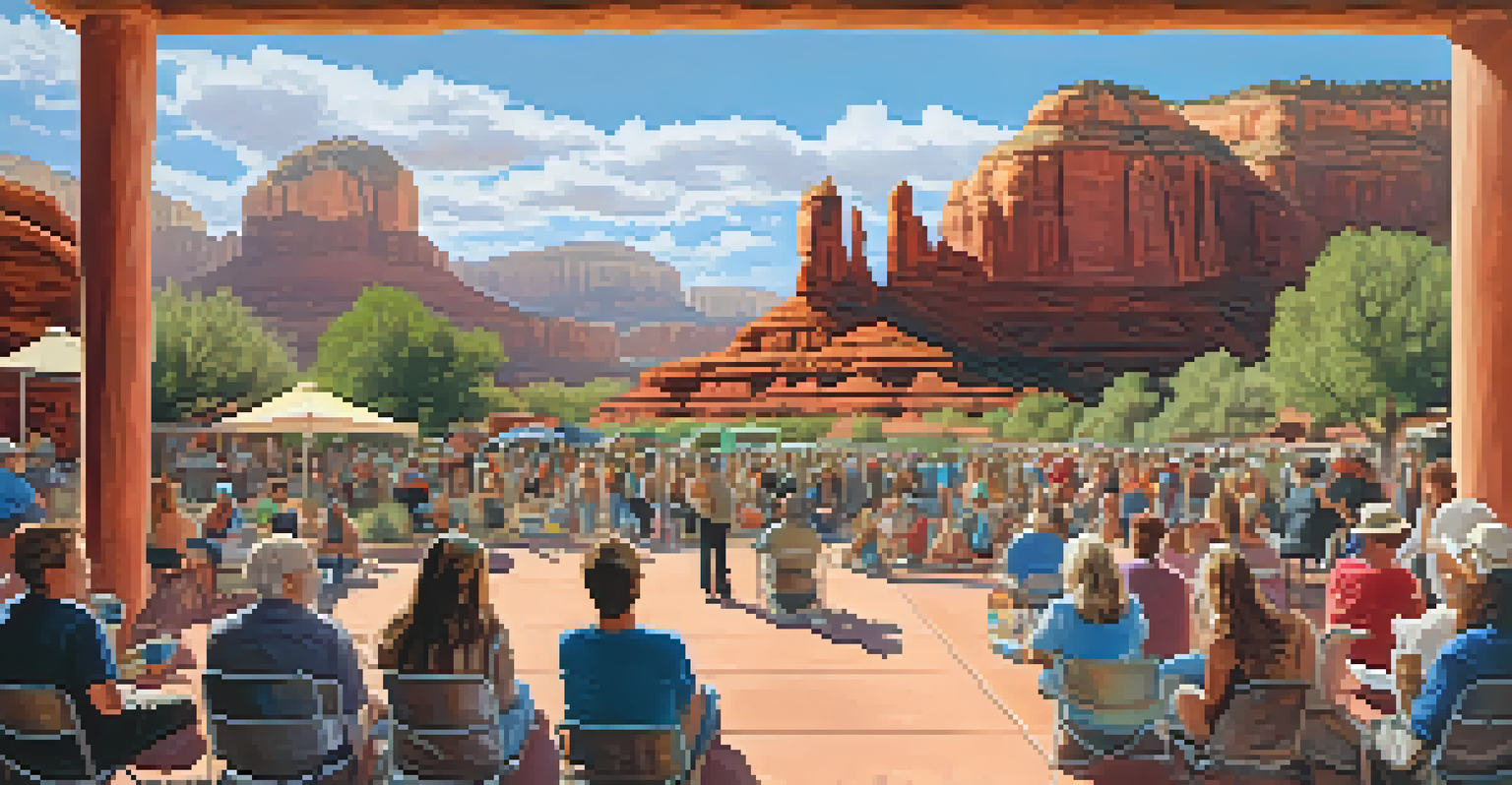 A community art event with artists and residents painting a mural against a backdrop of red rock formations.