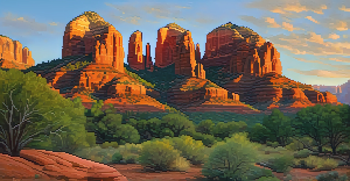 A stunning landscape of Cathedral Rock in Sedona at golden hour, featuring warm light and colorful sky.