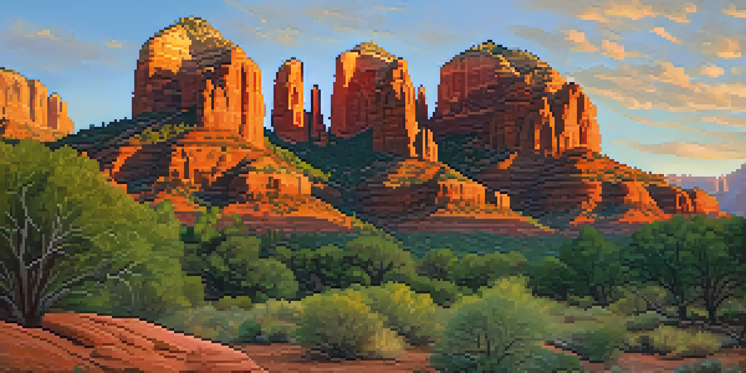 A stunning landscape of Cathedral Rock in Sedona at golden hour, featuring warm light and colorful sky.