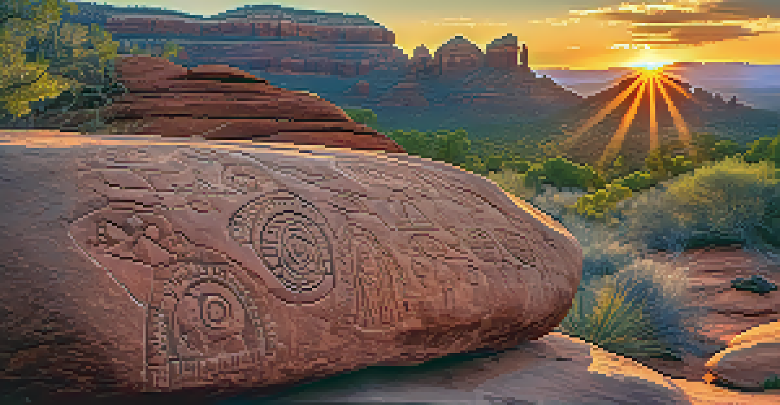 Close-up of ancient petroglyphs on a rock with a sunset backdrop, depicting symbols of the Sinagua people.