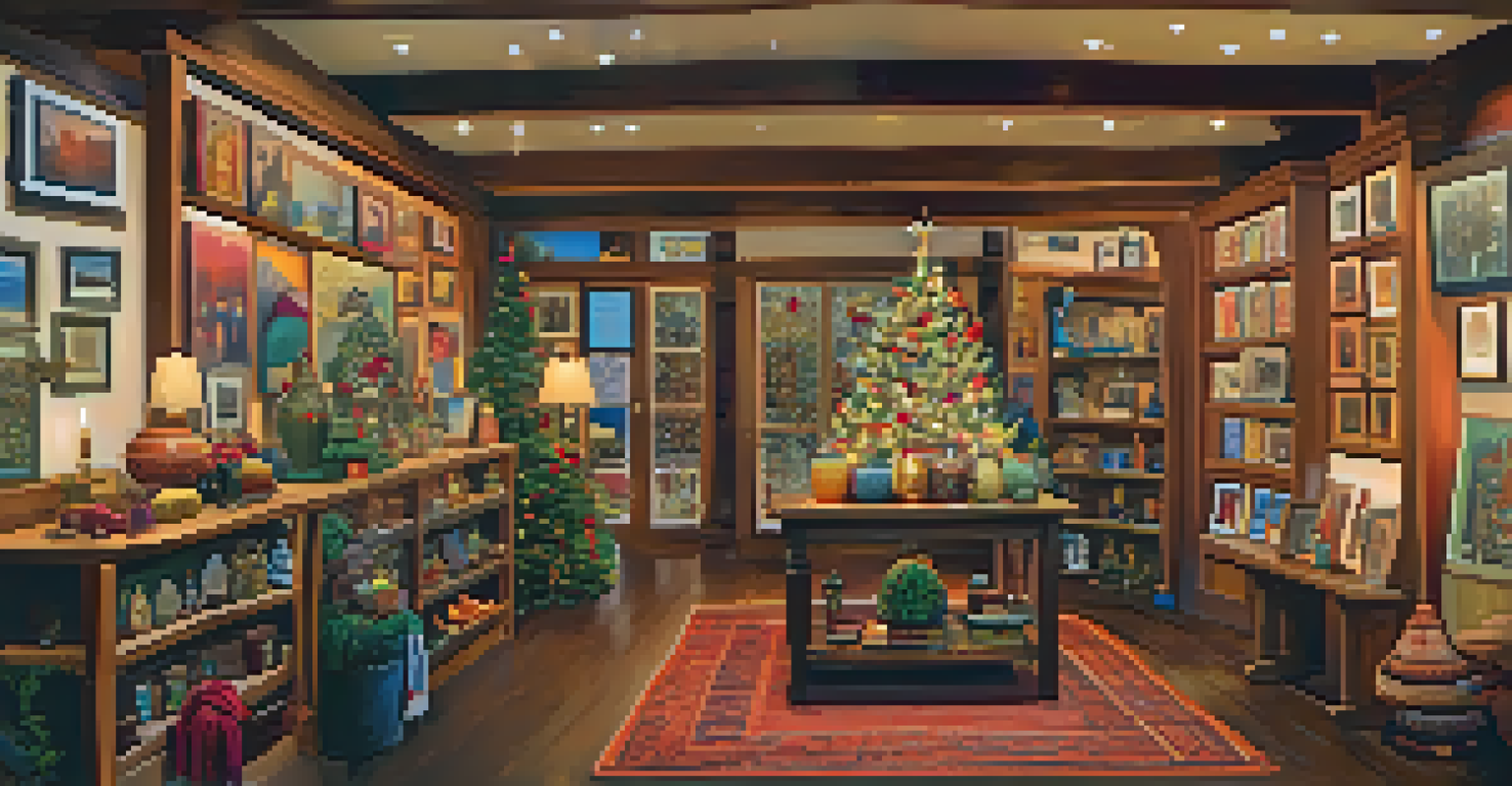 A winter art gallery in Sedona with holiday decorations, showcasing colorful artworks and visitors interacting.
