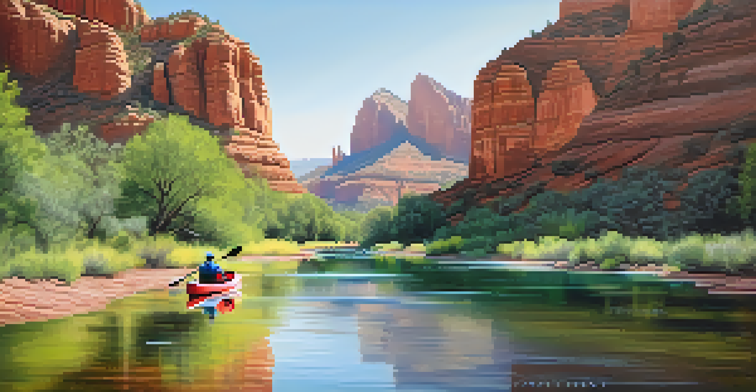 A kayaker on Oak Creek surrounded by red cliffs and lush greenery, reflecting the peacefulness of the scene.
