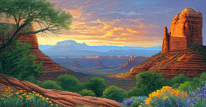A picturesque sunset view of Sedona's red rock formations with a hiking trail and wildflowers in the foreground.