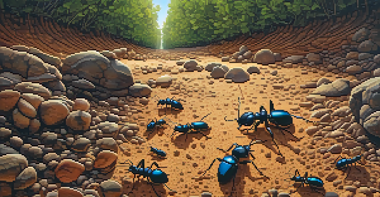 An underground view of ants and beetles working on organic matter in rich soil, with light filtering through the surface.
