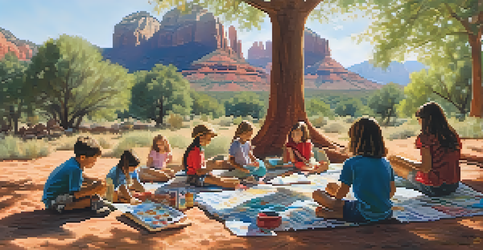 Children at a nature-inspired art project in Sedona, surrounded by art supplies and colorful artworks under tree shade.