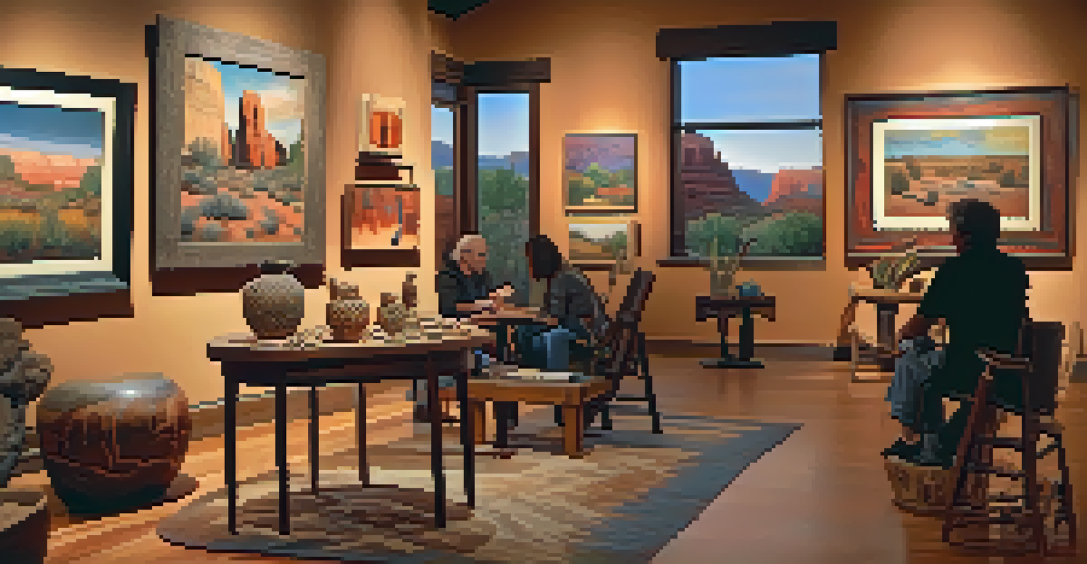Inside a Sedona art gallery displaying Native American pottery and contemporary paintings with visitors engaged in art.