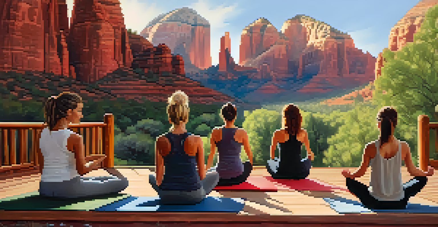 A group of people practicing yoga on a deck with red rock cliffs in the background in Sedona.