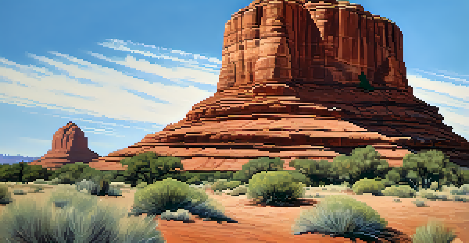 A close-up view of Bell Rock, showcasing its unique textures and colors, with a clear blue sky above.