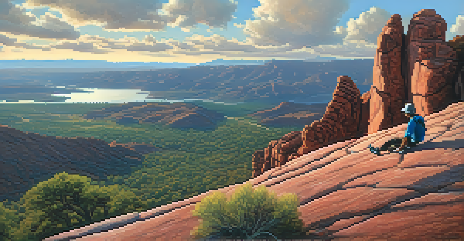 A climber at the summit of Bear Mountain, overlooking panoramic views of rugged red rock formations and wilderness under a blue sky with clouds.
