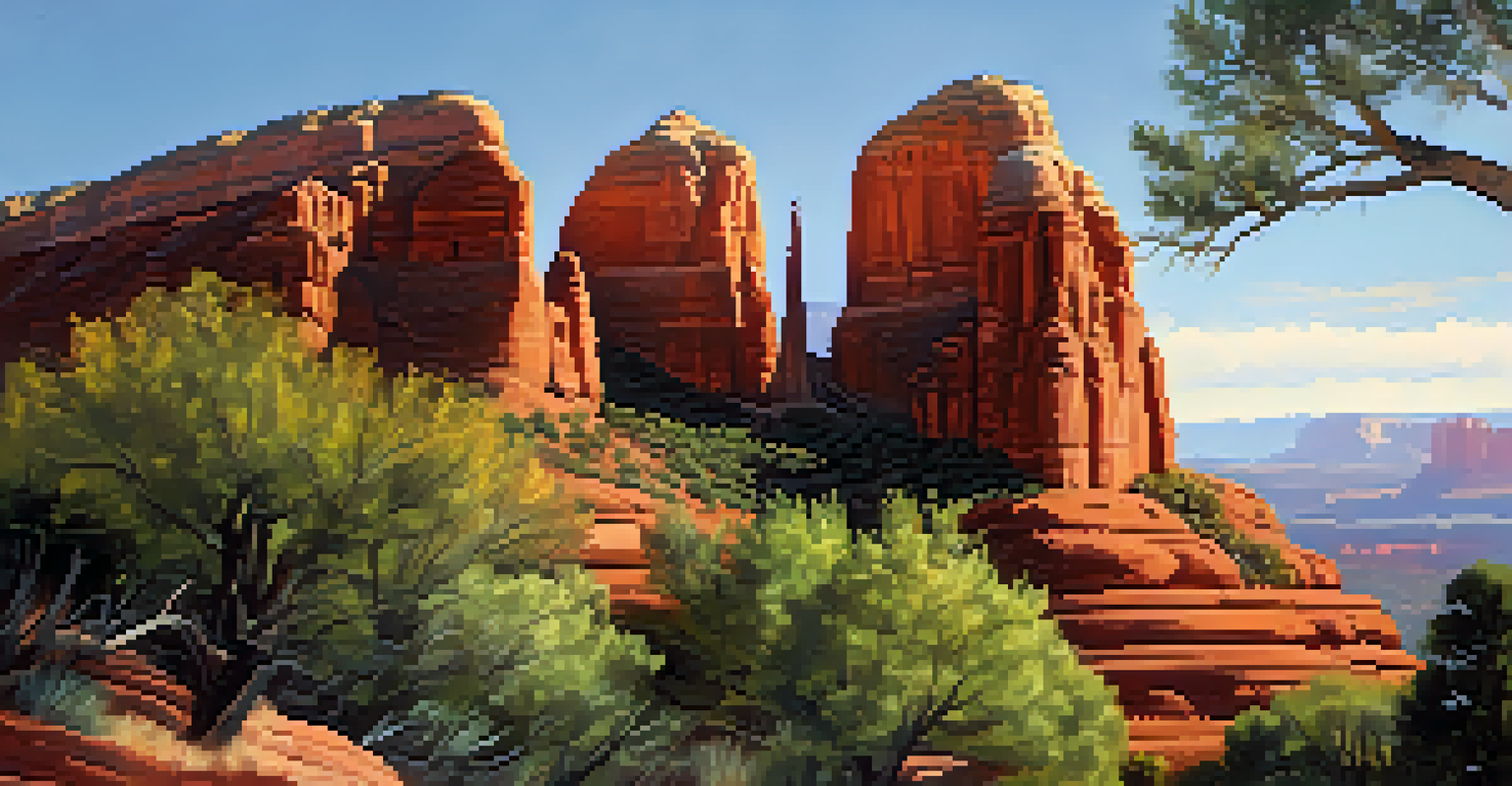 The Chapel of the Holy Cross in Sedona, Arizona, built with natural stone on a cliff, surrounded by red rock formations and bathed in warm sunlight.