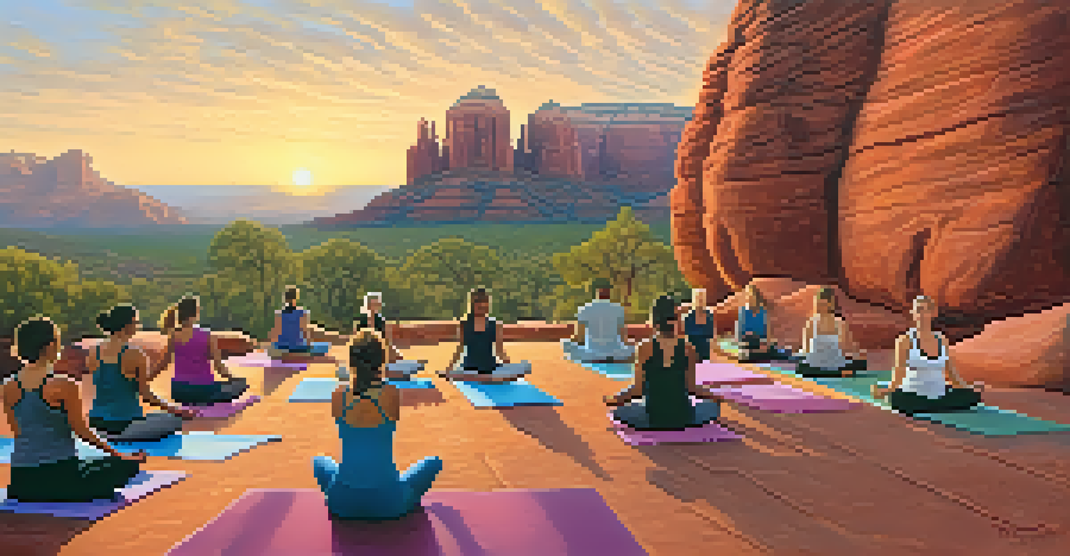 Yoga participants practicing poses at sunset in Sedona, with musicians playing nearby and red rock formations in the background.