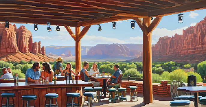 Outdoor patio of Oak Creek Brewery with patrons enjoying craft beers and red rock formations in the background under warm sunlight.