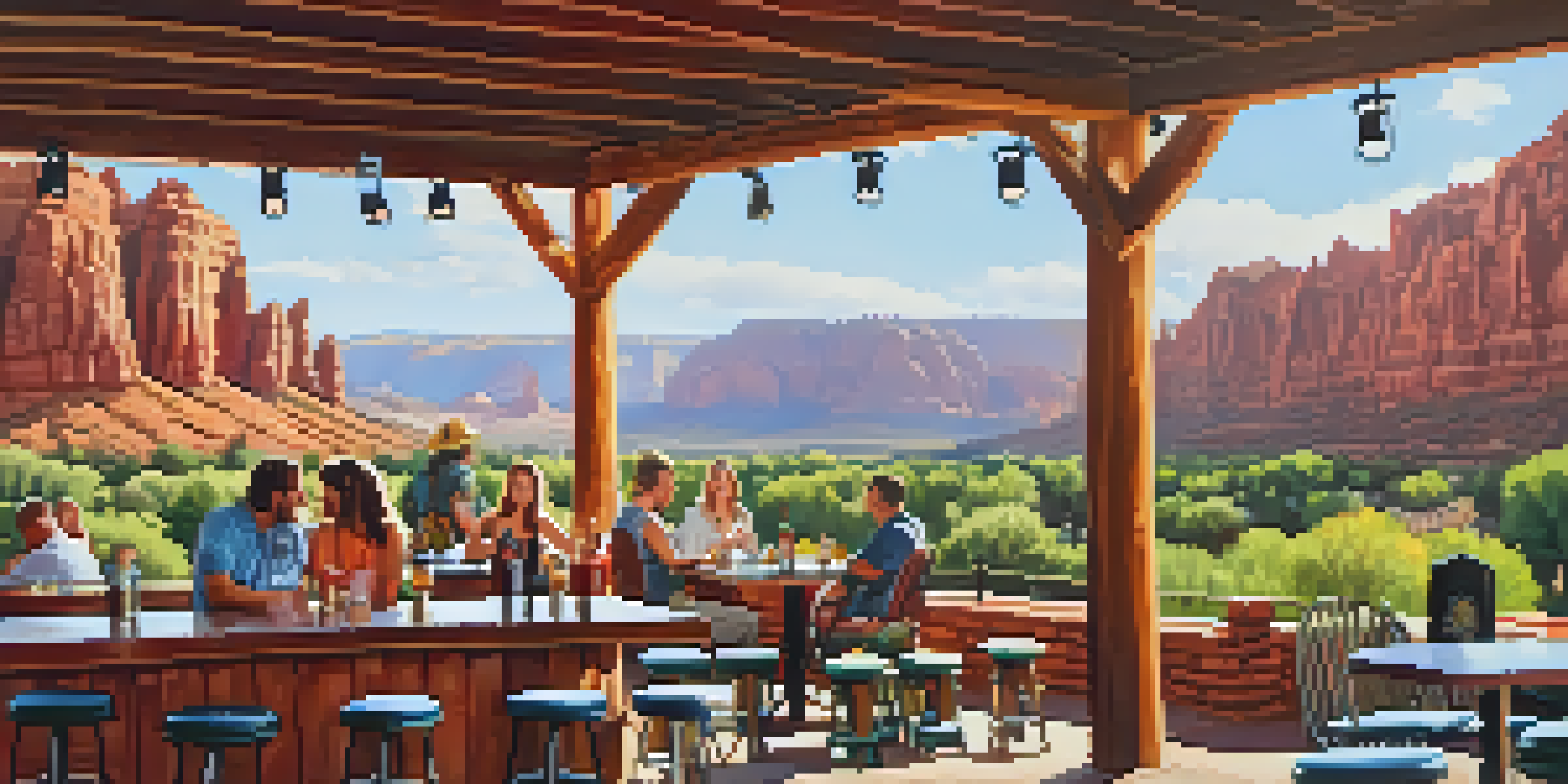 Outdoor patio of Oak Creek Brewery with patrons enjoying craft beers and red rock formations in the background under warm sunlight.