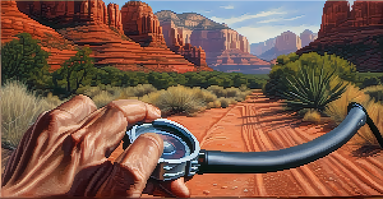 A close-up of hands holding a metal detector against the backdrop of Sedona's red rock cliffs.