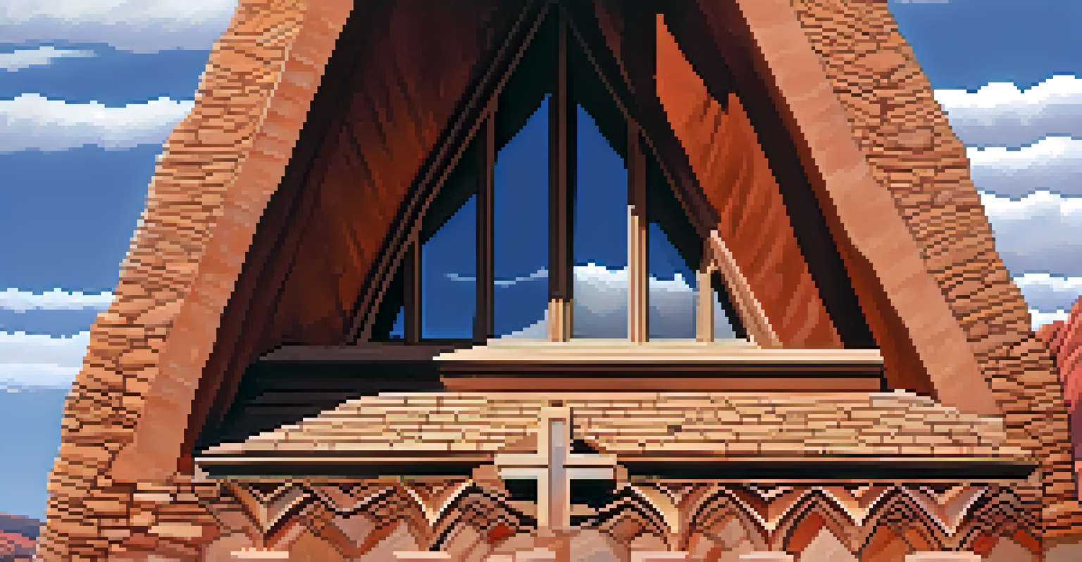 Close-up view of the architectural details of the Chapel of the Holy Cross, showcasing its modernist design and textures against the backdrop of red rocks.