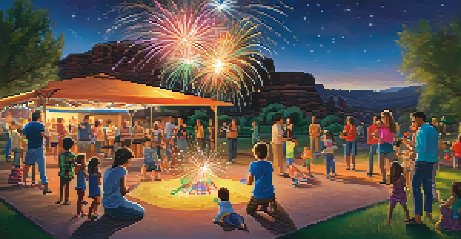 Families celebrating New Year's Eve in a park in Sedona, with children playing and colorful fireworks in the night sky.