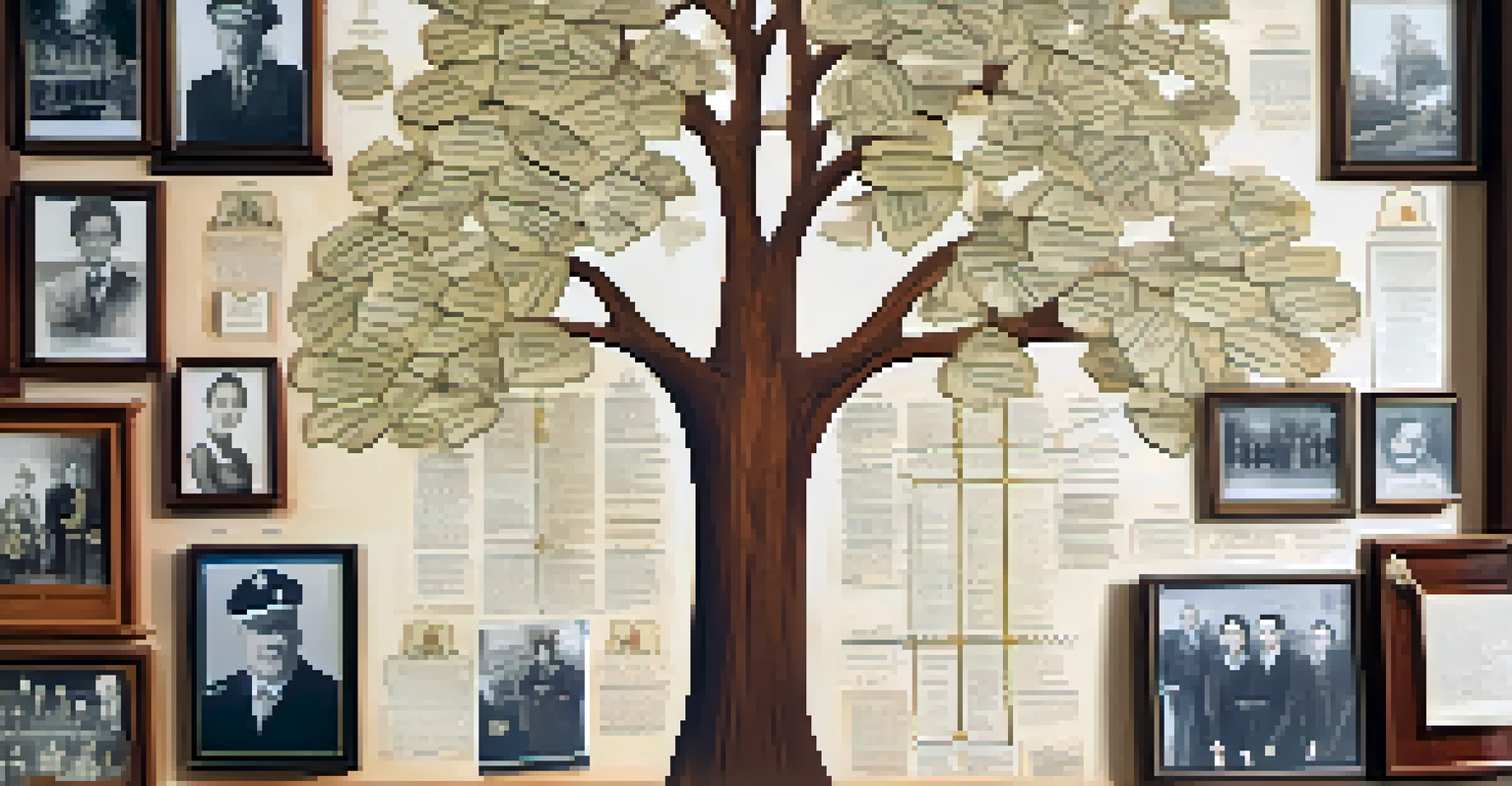 A family tree chart on a wooden table with old photographs and documents, illuminated by soft natural light.