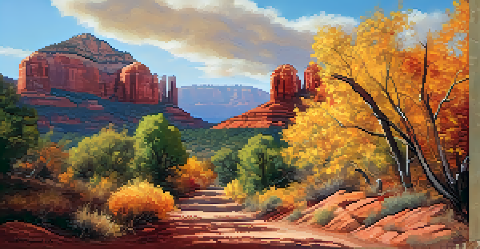 A fall landscape in Sedona with colorful autumn foliage, red rocks, and a winding hiking path.