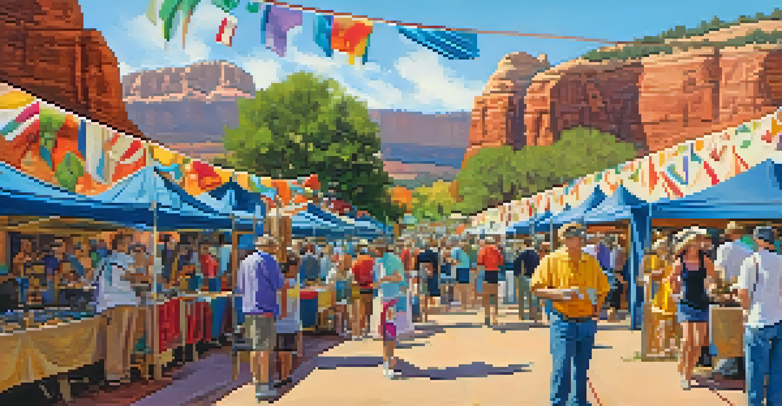 A lively art festival in Sedona with local artists' booths, attendees, and musicians under a blue sky.