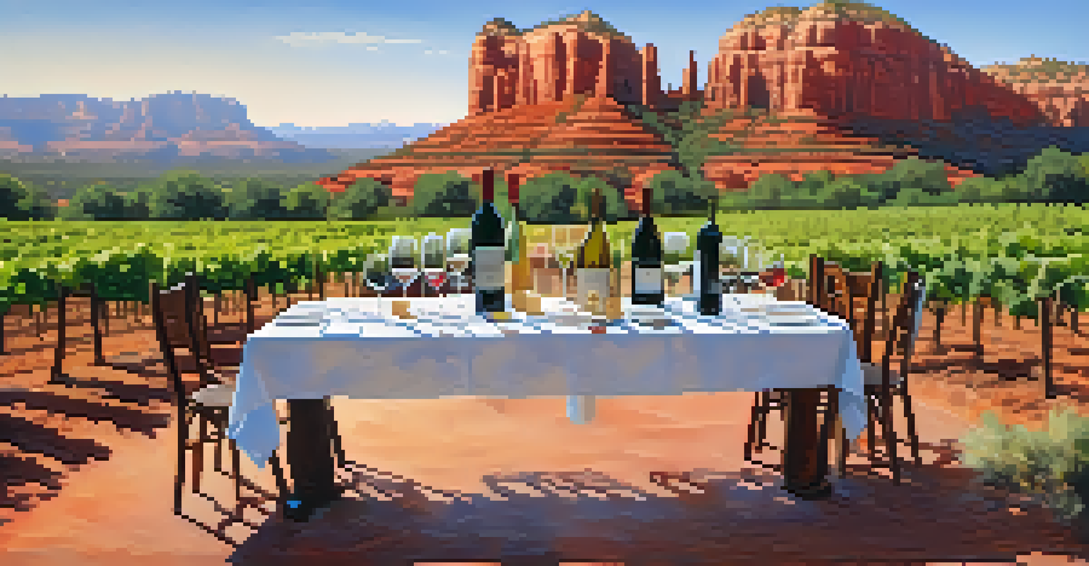 A cozy wine tasting scene with local cheeses and wines at a vineyard, surrounded by grapevines and red rock formations.