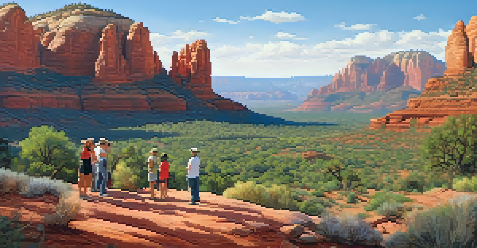 A panoramic view of Sedona with visitors on a guided tour, exploring the landscape and rock art under a clear blue sky.