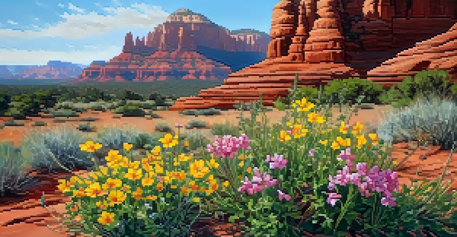 Close-up of colorful wildflowers in Sedona with red rock formations in the background.