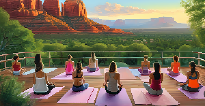A serene yoga class at sunrise in Sedona, with participants practicing on a deck amidst red rock formations.