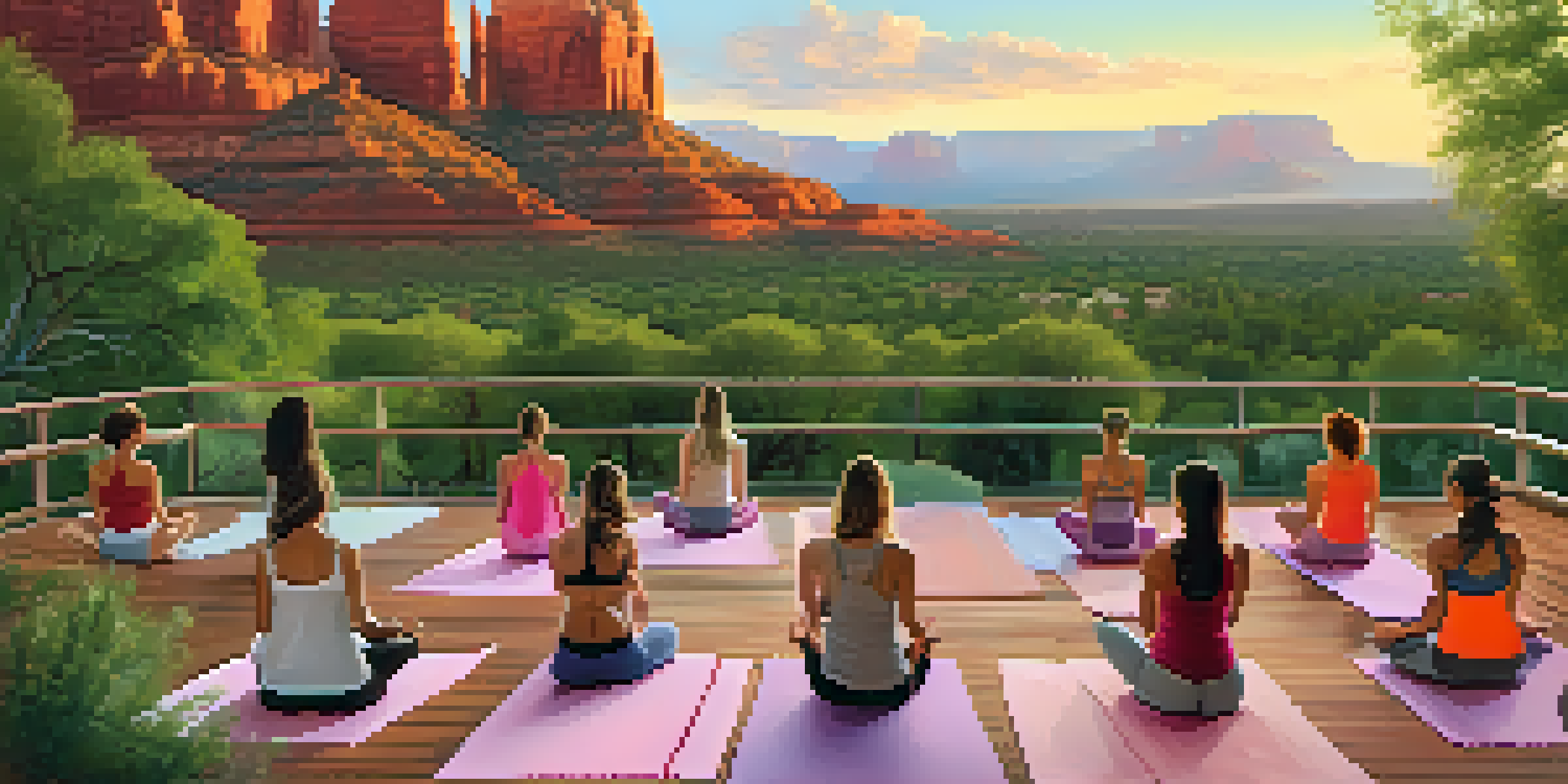 A serene yoga class at sunrise in Sedona, with participants practicing on a deck amidst red rock formations.