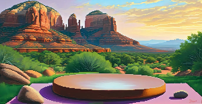 A tranquil Sedona landscape with red rock formations at sunset, featuring a meditation spot with a yoga mat and stones in a circle.
