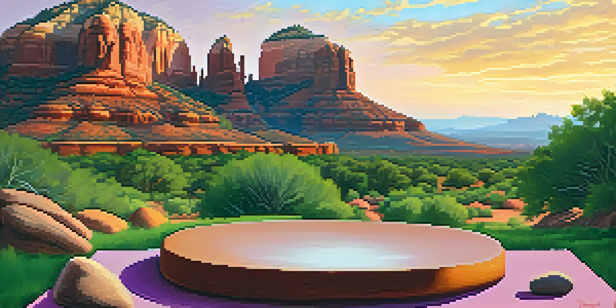 A tranquil Sedona landscape with red rock formations at sunset, featuring a meditation spot with a yoga mat and stones in a circle.