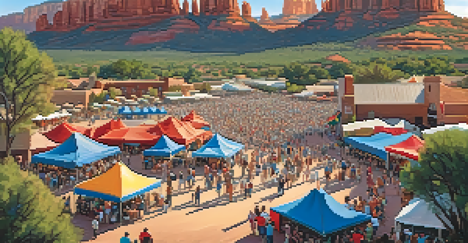 An aerial view of a lively community festival in Sedona with red rock formations in the background.