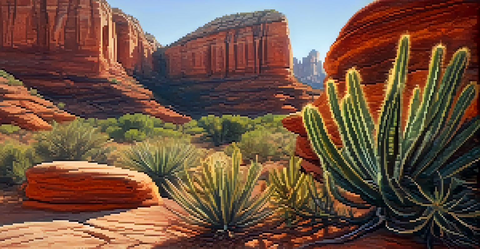 Close-up of a sandstone rock in Sedona, showcasing layers and textures with desert plants growing around it.