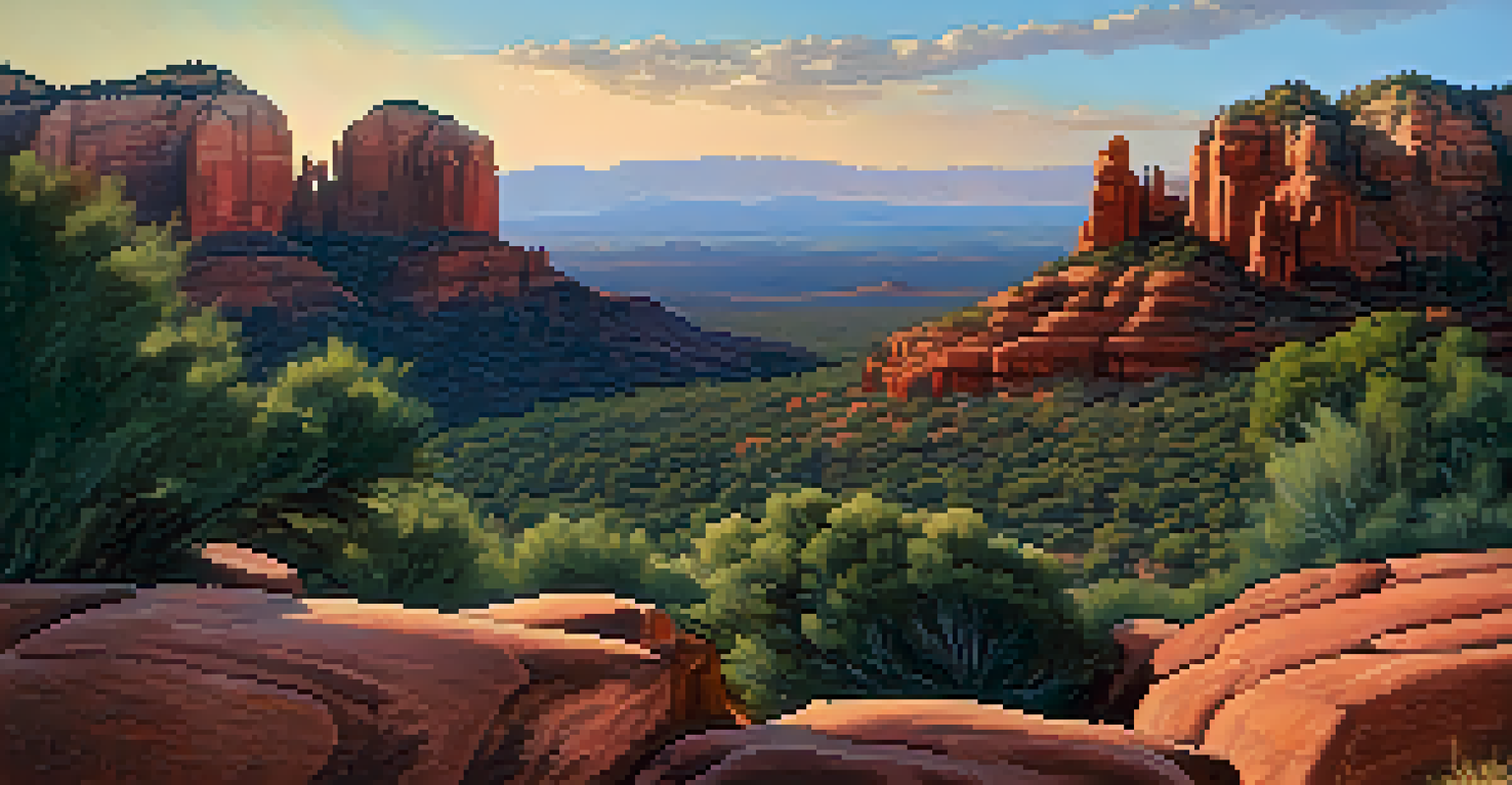 A breathtaking summer sunset in Sedona with red rocks and colorful skies, featuring silhouettes of people.