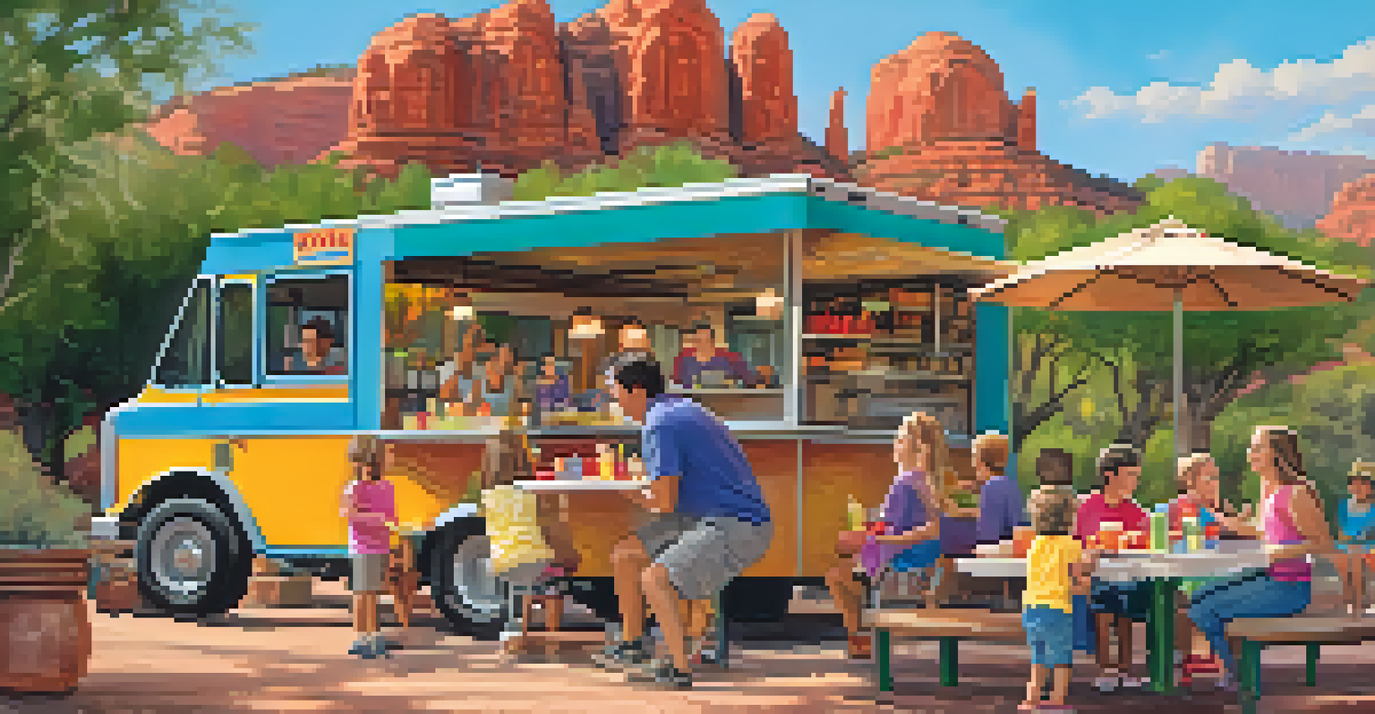 A happy family enjoying food at a food truck gathering in Sedona, with children holding smoothies and parents with pizzas.