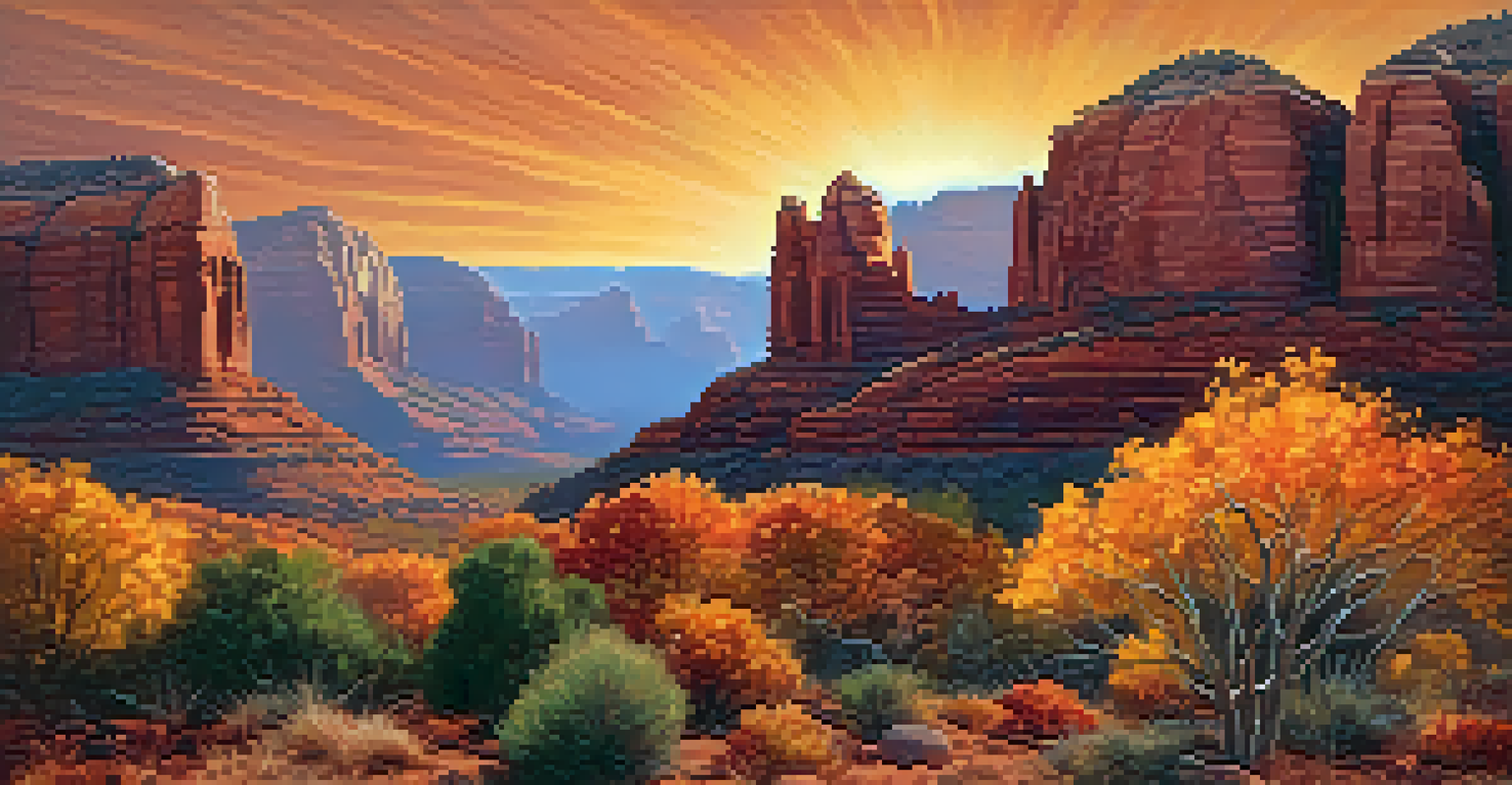 A beautiful autumn view in Sedona with colorful fall leaves in warm tones surrounding red rocks, illuminated by the golden light of sunset.