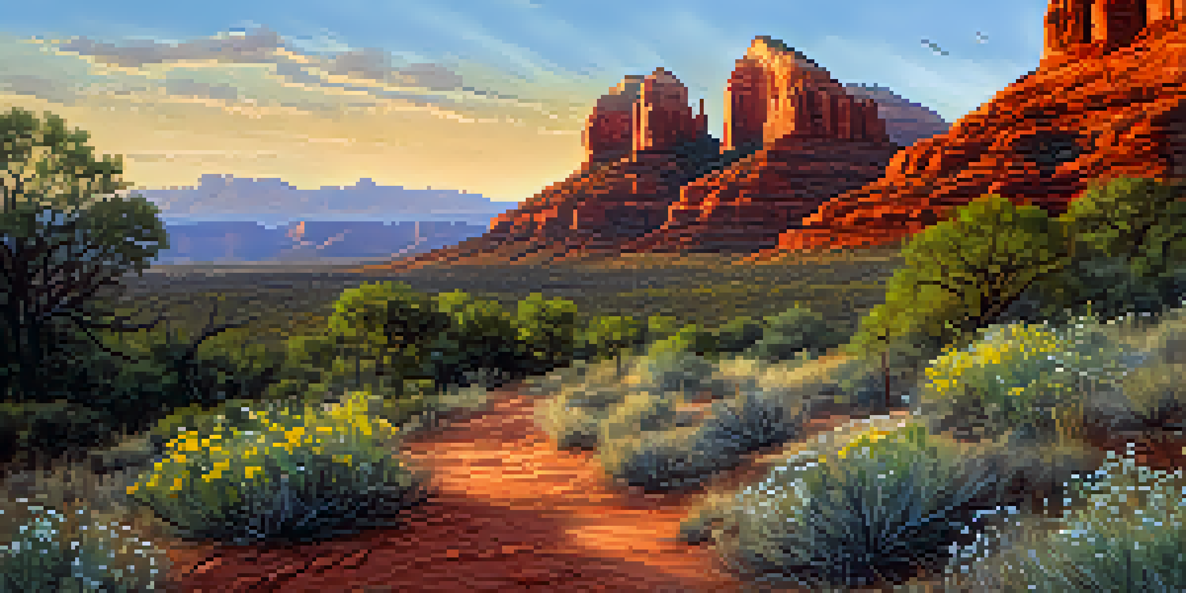 A birdwatcher observing a Red-tailed Hawk soaring in the early morning light over Sedona's red rock formations.