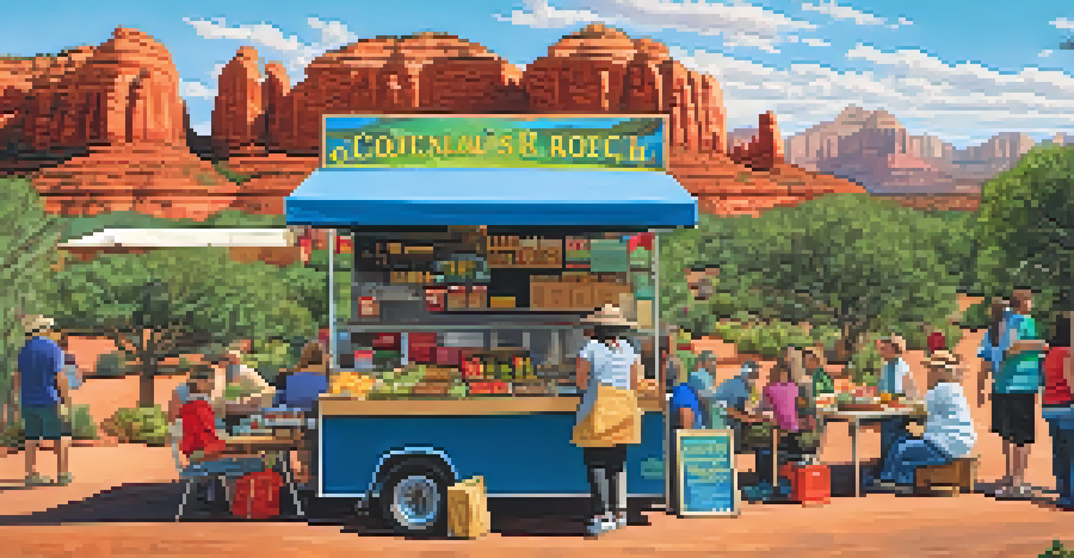 A food vendor at an outdoor festival displaying a variety of organic snacks and meals, with people dining nearby.