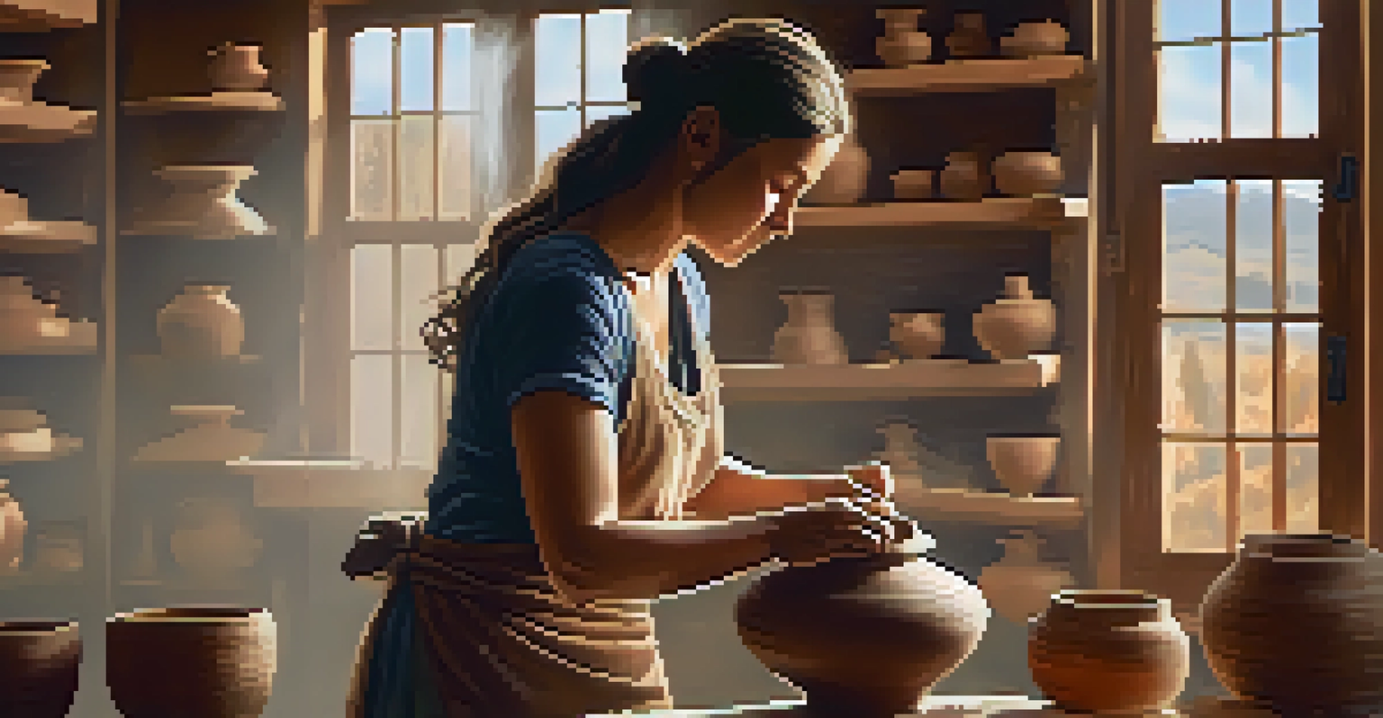 A pottery artisan shaping clay on a wheel in a sunlit studio, surrounded by various pottery pieces.