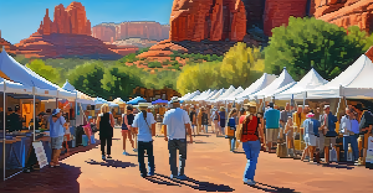 A vibrant art festival in Sedona with artists and visitors enjoying the outdoor displays against red rock formations.