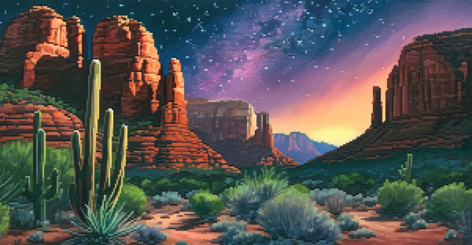 A night sky over Sedona showcasing the Milky Way with red rock silhouettes and cactus in the foreground.