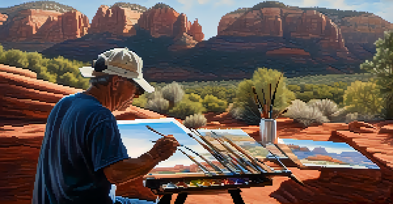 A local artist painting a landscape of Sedona's red rocks, with art supplies around and natural light illuminating the scene.