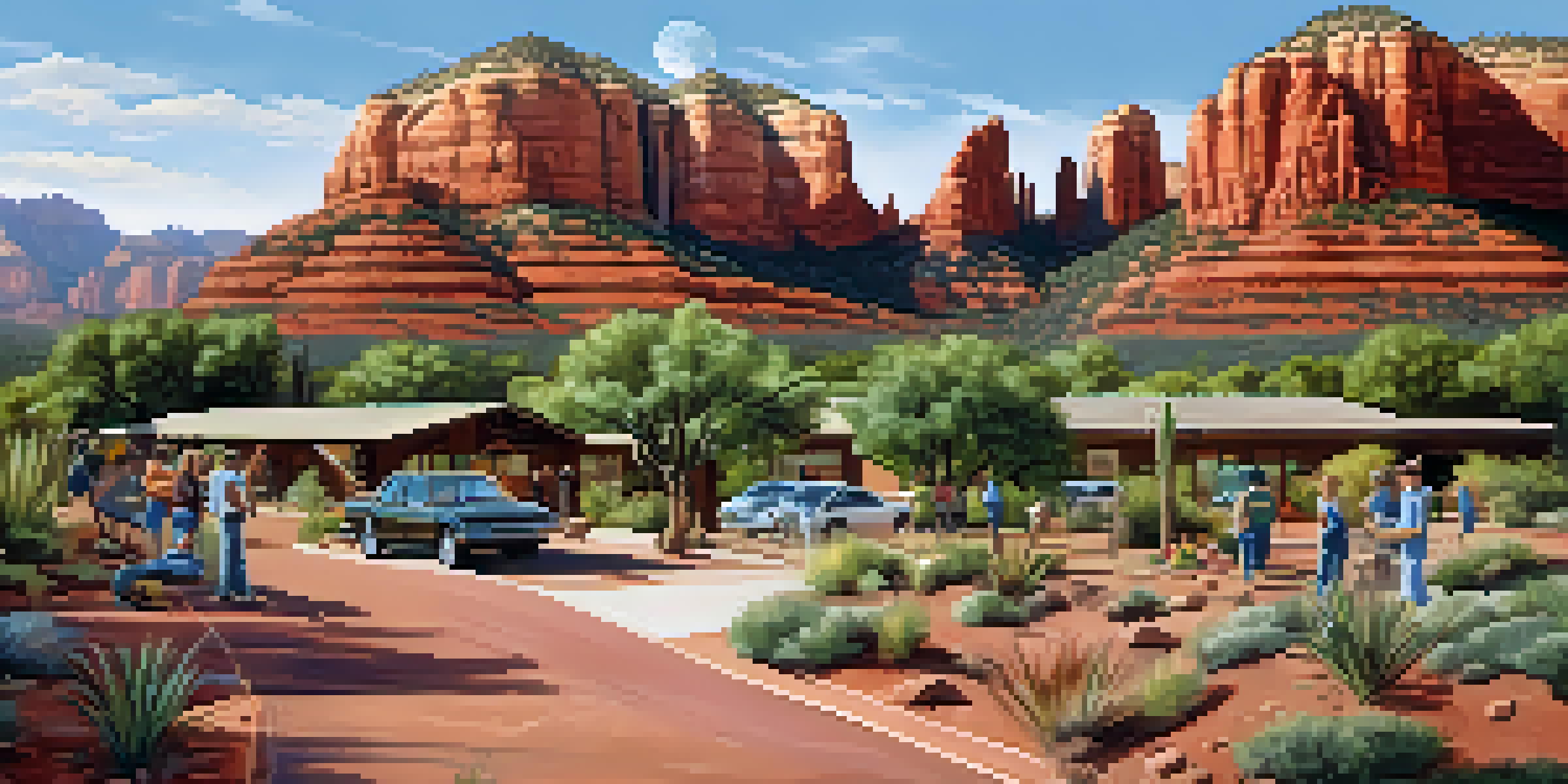 A picturesque view of Sedona's red rock formations with a wildlife rehabilitation center where volunteers are helping injured birds under a clear sky.