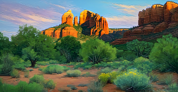 A panoramic view of Cathedral Rock in Sedona at sunset, showcasing vibrant colors and lush greenery in the foreground.