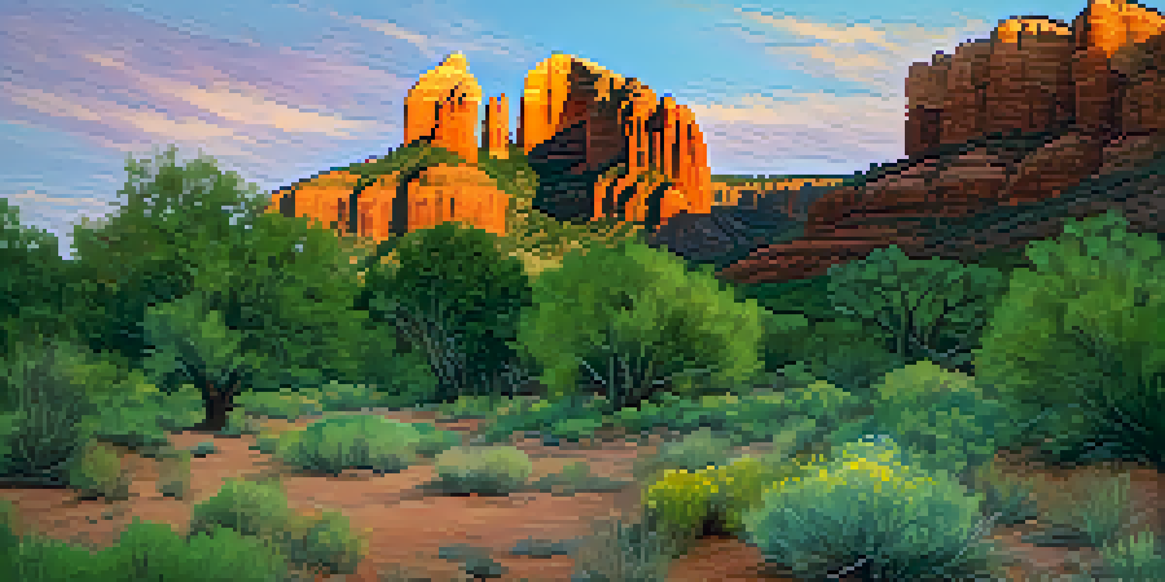 A panoramic view of Cathedral Rock in Sedona at sunset, showcasing vibrant colors and lush greenery in the foreground.