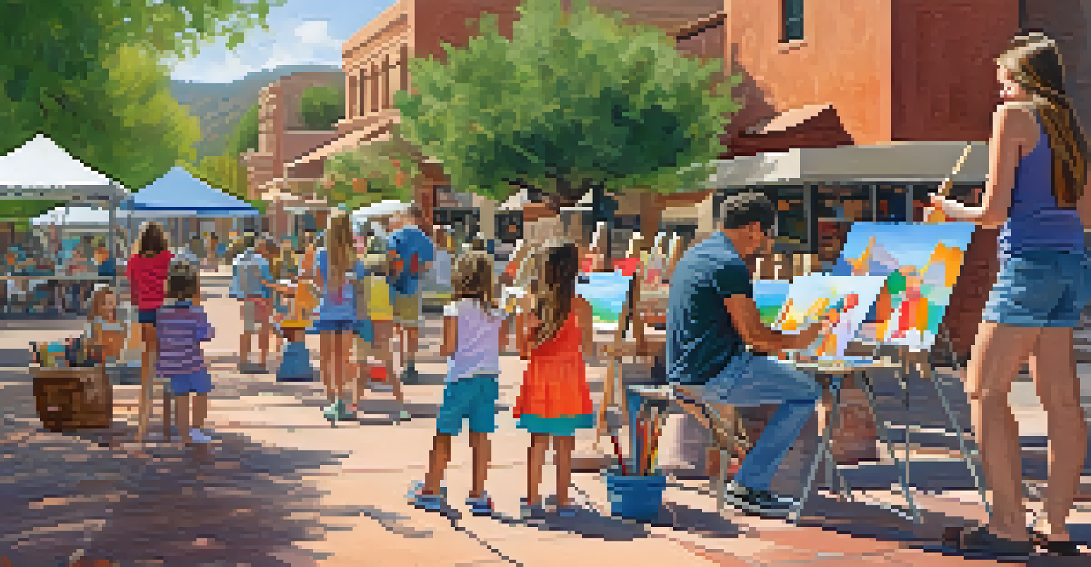 A family at Sedona's art walk, children engaged in an art-making station, surrounded by colorful supplies and parents enjoying the galleries.