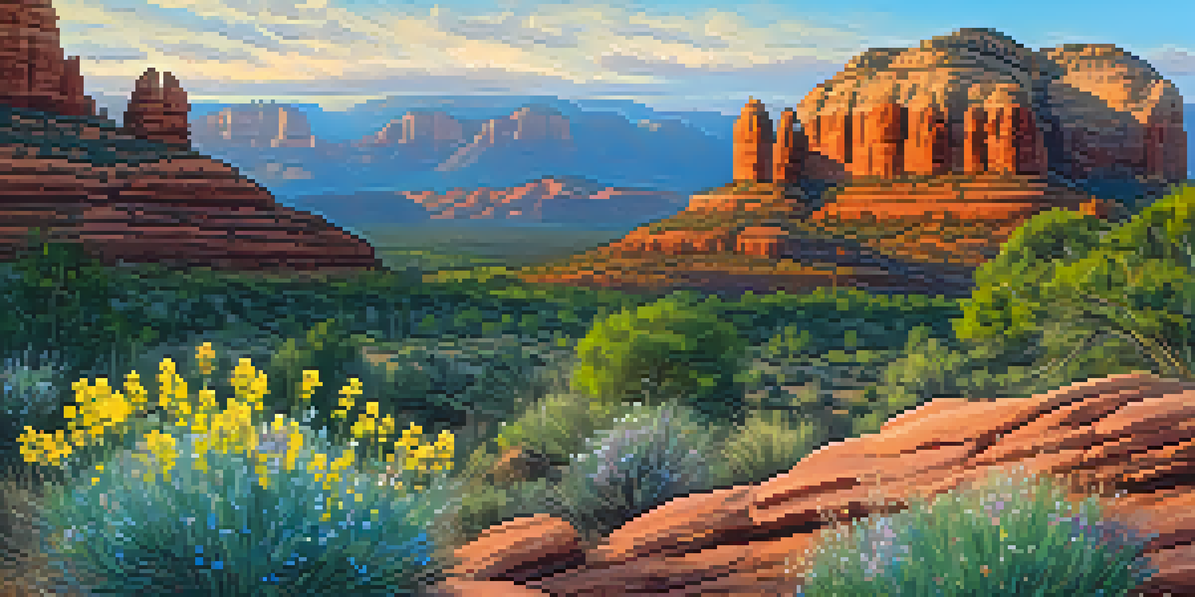 A scenic sunset view of Sedona's red rocks with blooming wildflowers in the foreground and clear skies above.