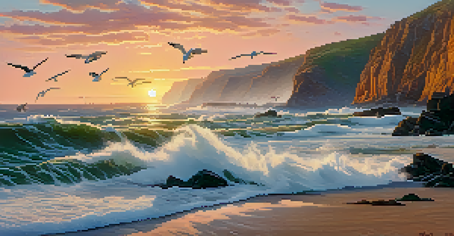 A coastal scene at golden hour with rugged cliffs, crashing waves, and a colorful sky, featuring seagulls in flight.