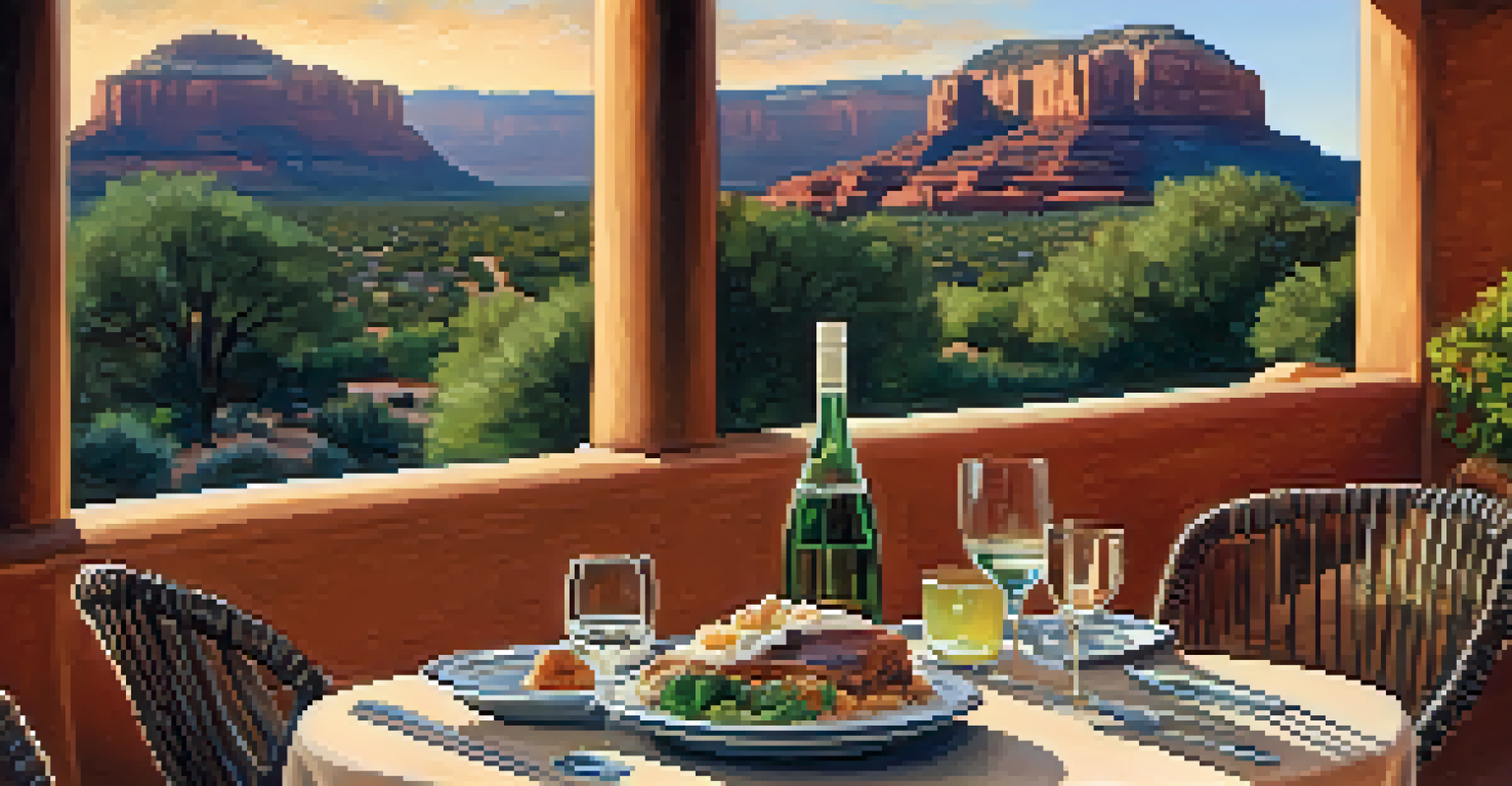 An upscale dining table at Mariposa Latin Inspired Grill with a dog lying on a blanket, and a beautiful view of Sedona's landscape in the background.